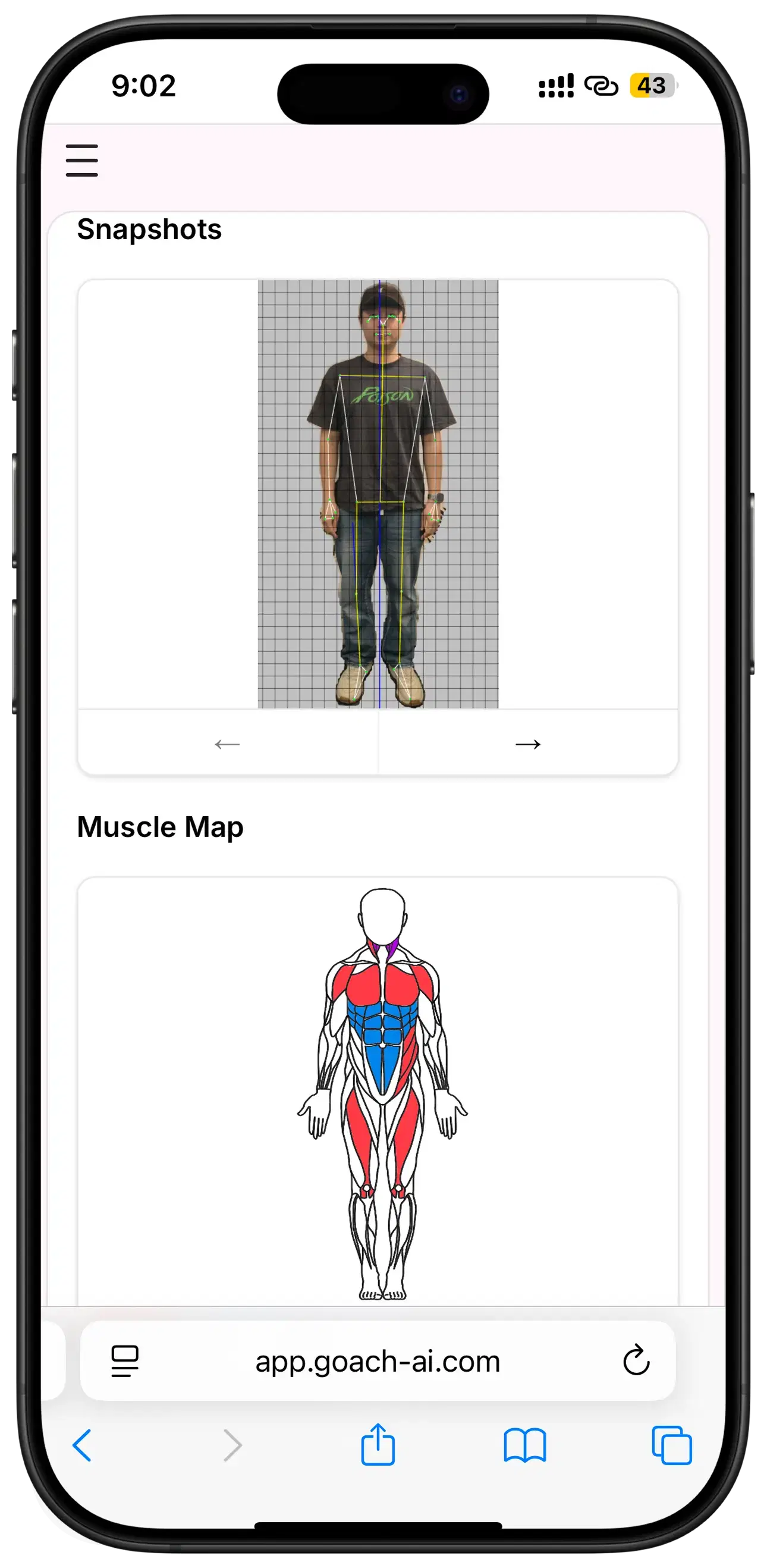 Posture capture with body alignment markers and muscle map